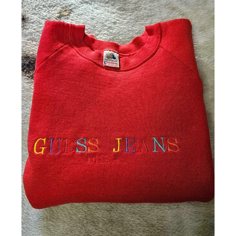🌈 VINTAGE 90s GUESS JEANS RAINBOW EMBROIDERED CREWNECK SWEATSHIRT - SIZE L